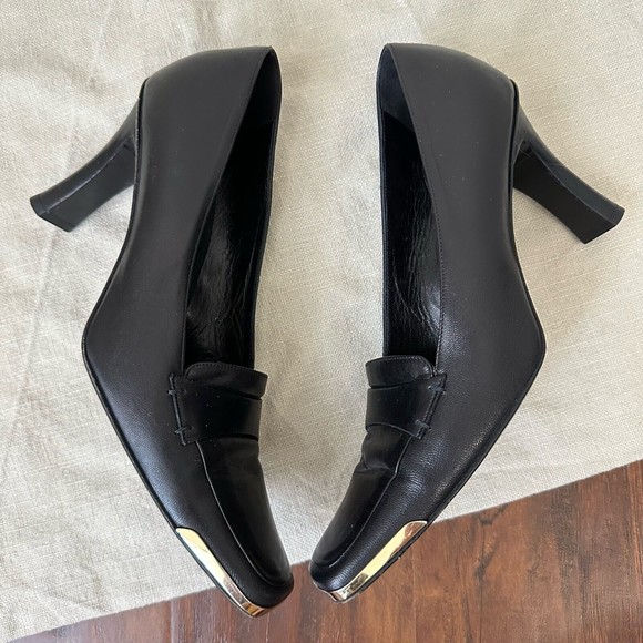 ESCADA Square Toe Gold Accent Black Leather Pump Heels ITALY MADE - Picture 4 of 10